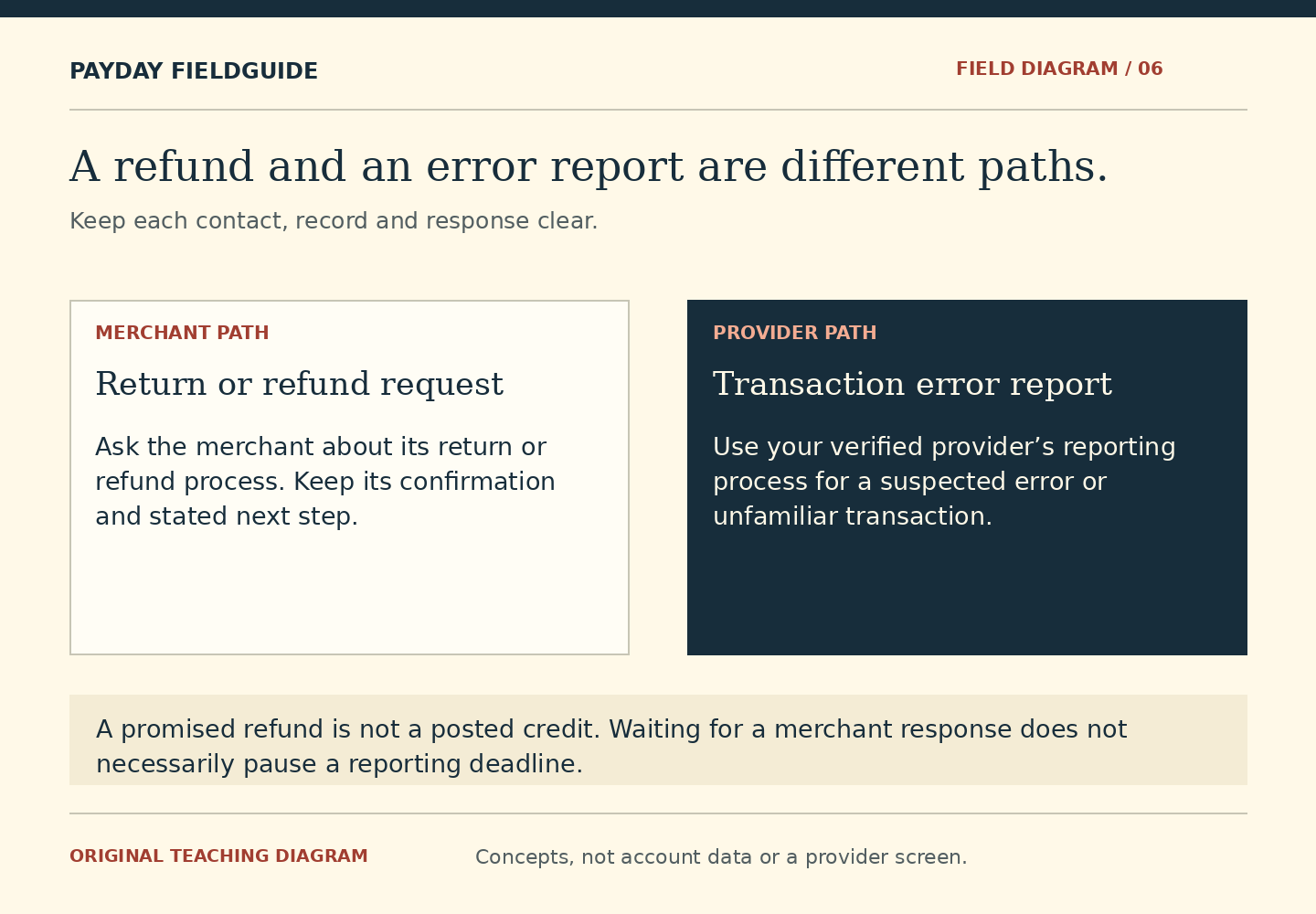 Two parallel panels distinguish a merchant return or refund request from a provider transaction-error report. The note below says a promised refund is not a posted credit and that waiting for a merchant does not necessarily pause a reporting deadline.